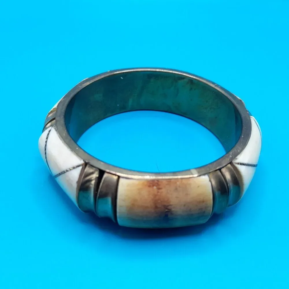 Vintage Brass Bone Inlay Wide Bangle Bracelet Cream Tribal Boho 8 Inch